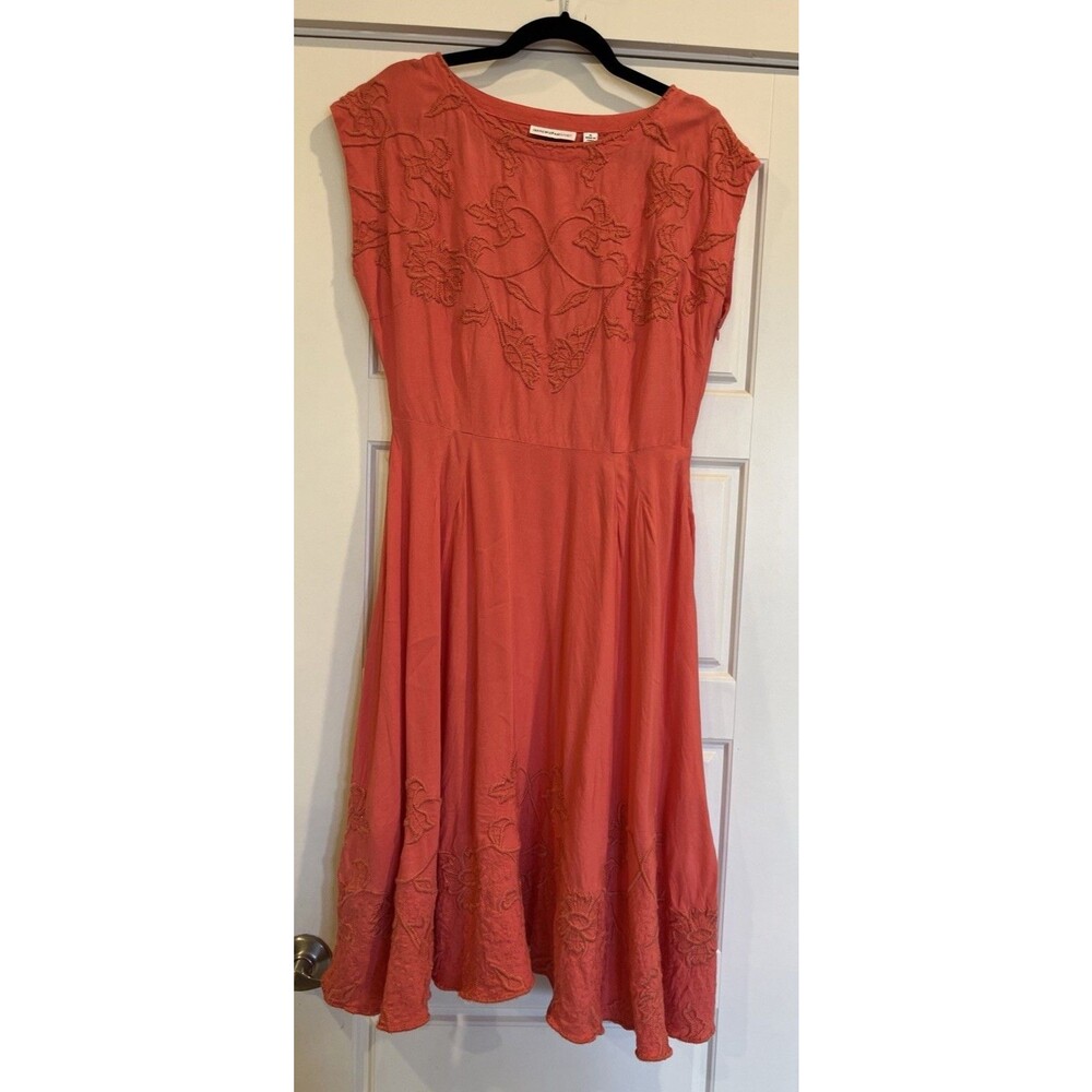 Isaac Micah LIVE! Midi A-line Dress, Size 8, Linen, Embroidery, Peach Pink - Picture 13 of 14